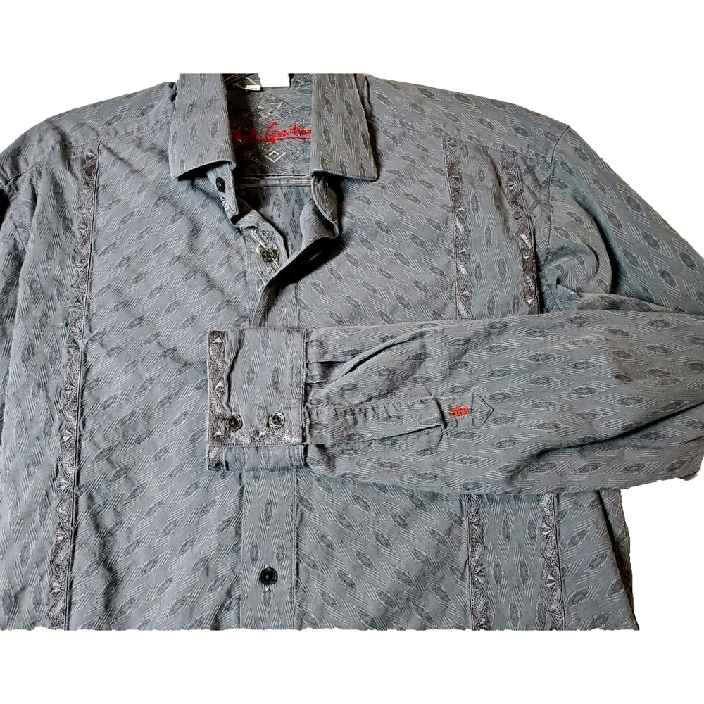 ROBERT GRAHAM Mens Medium Button Down Dress Shirt Embroidered Gray Long Sleeve B